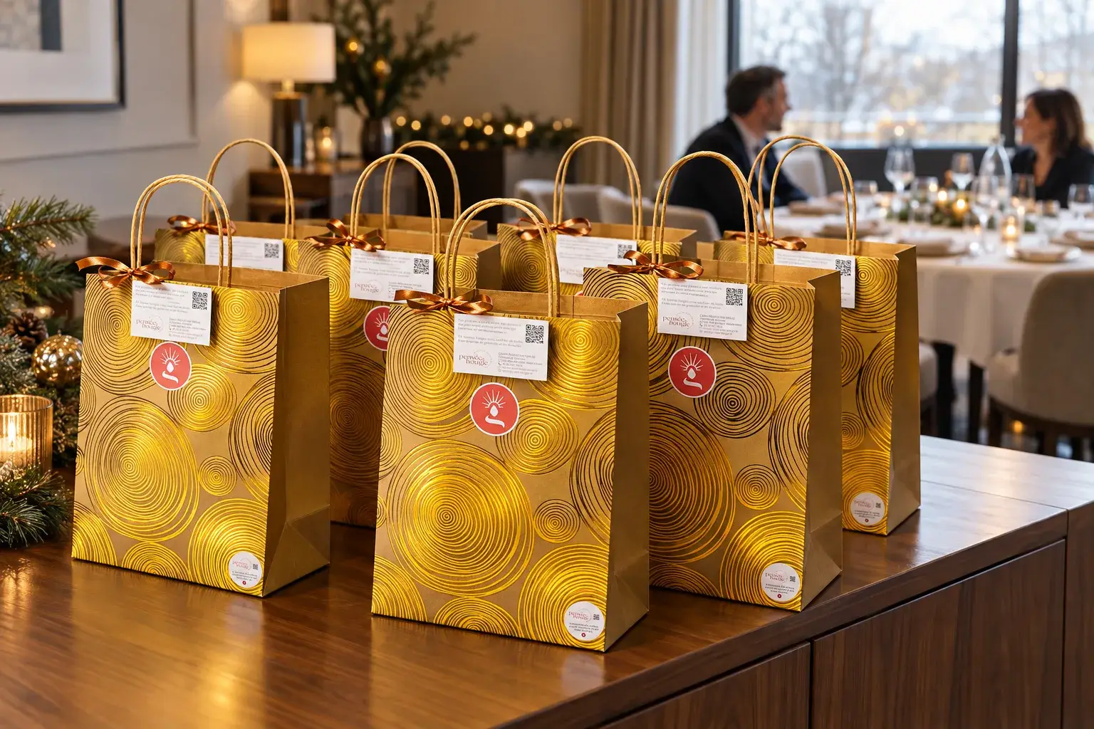 Sacs cadeaux dorés sur une table de restaurant