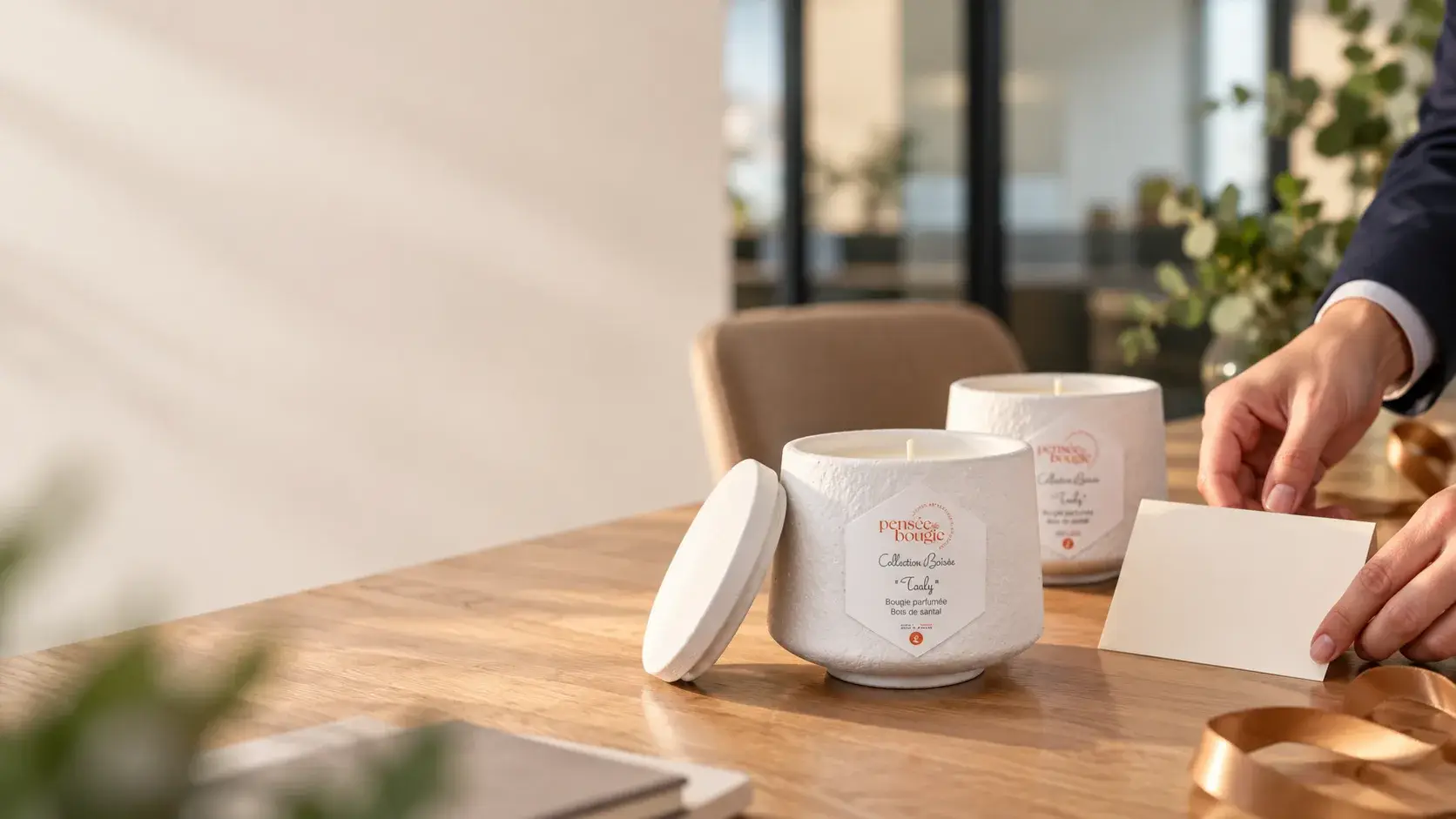 Bougies parfumées présentées dans un emballage cadeau élégant