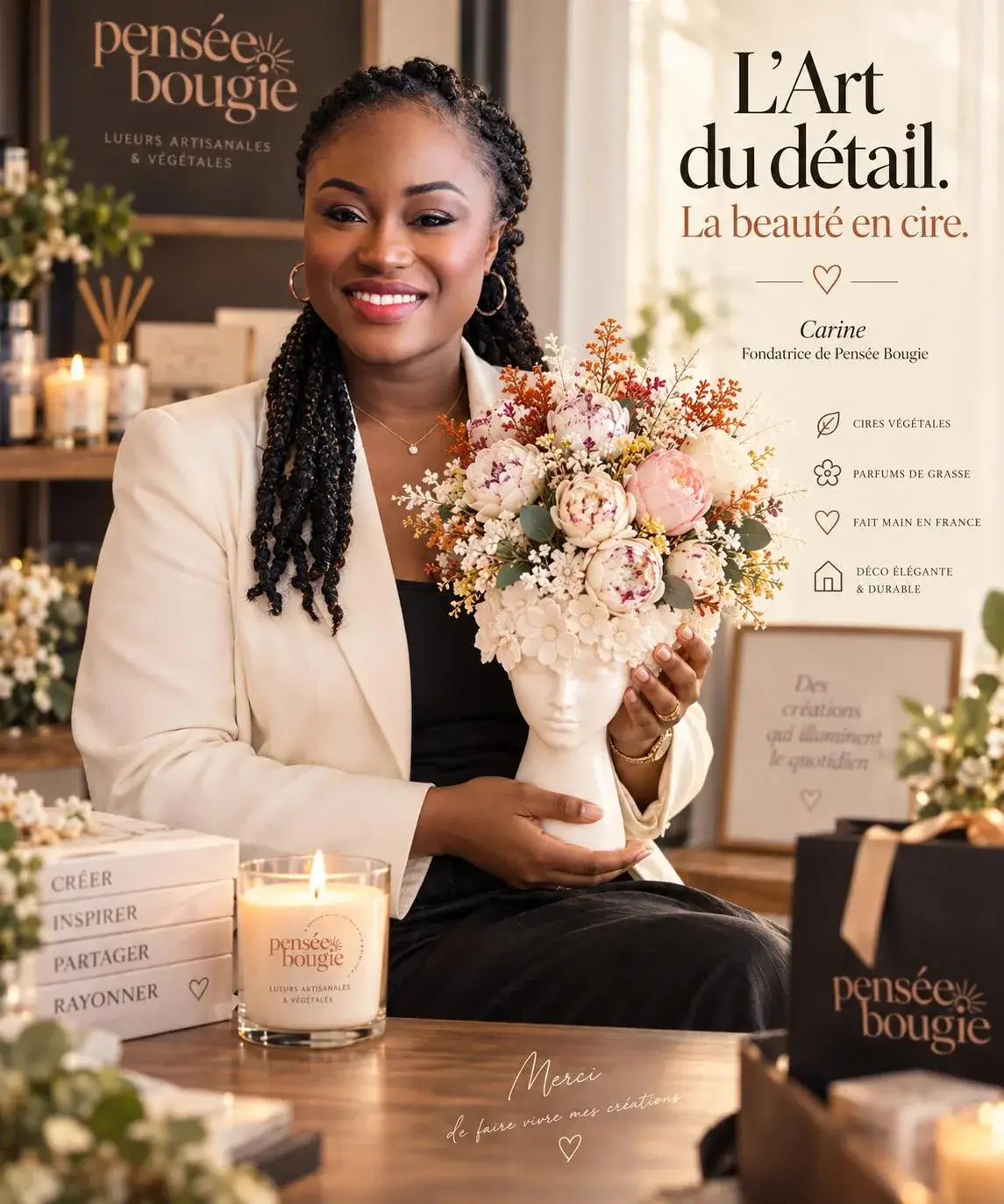 Carine présente une création florale et bougie artisanale