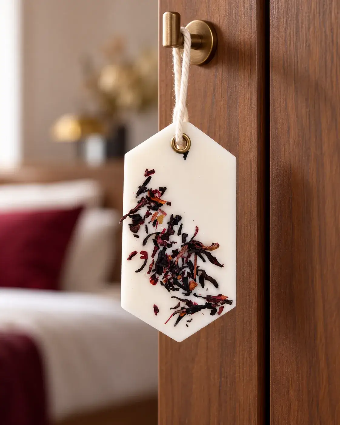 Suspension parfumée florale accrochée à une porte en bois