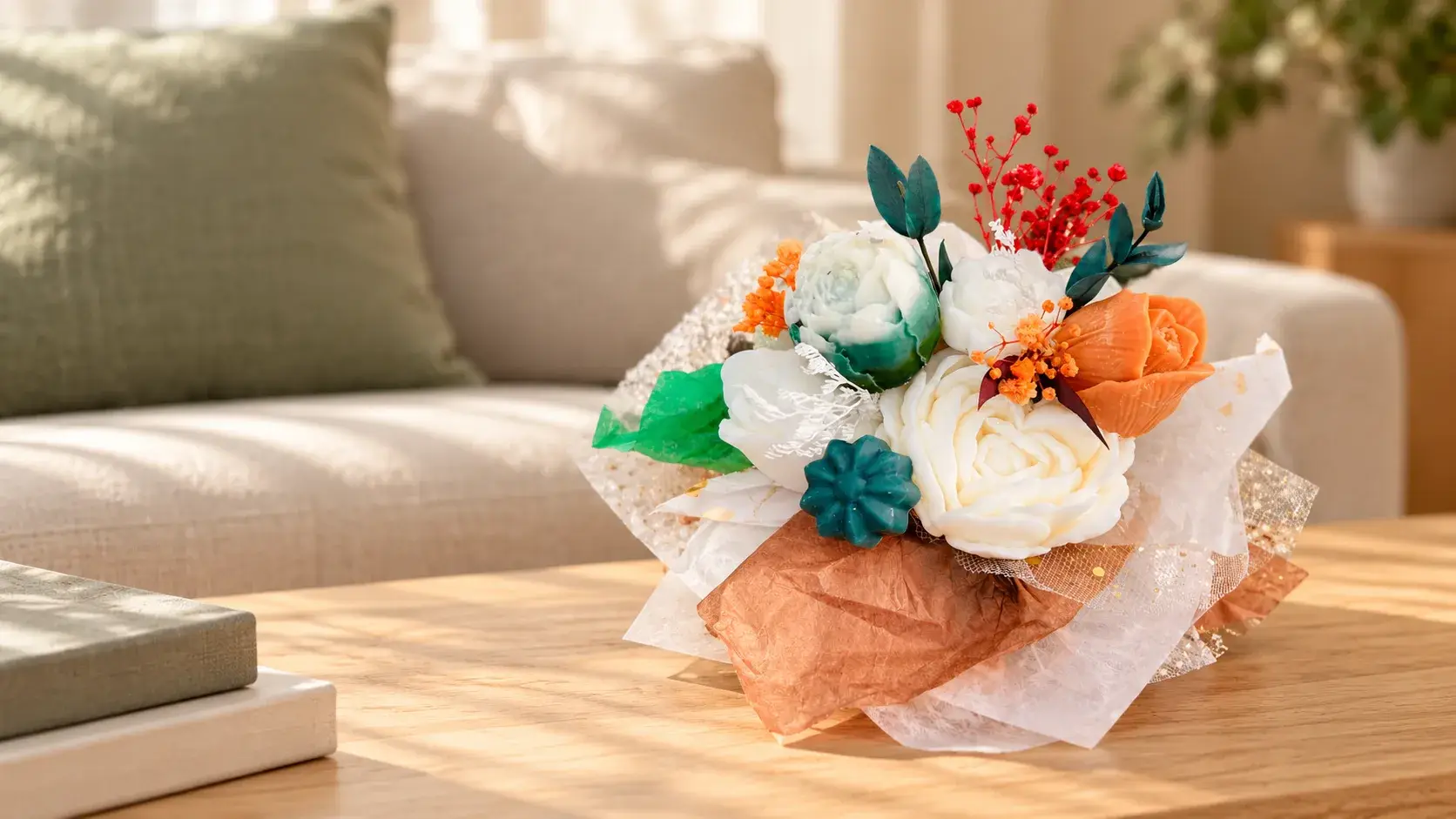 Bouquet coloré posé sur une table en bois