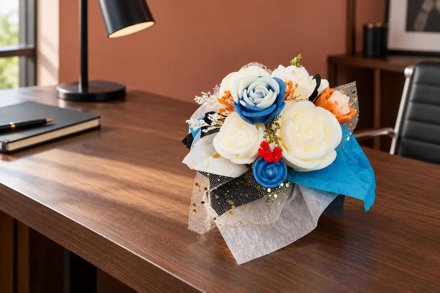 Bouquet de roses bleues et blanches sur un bureau