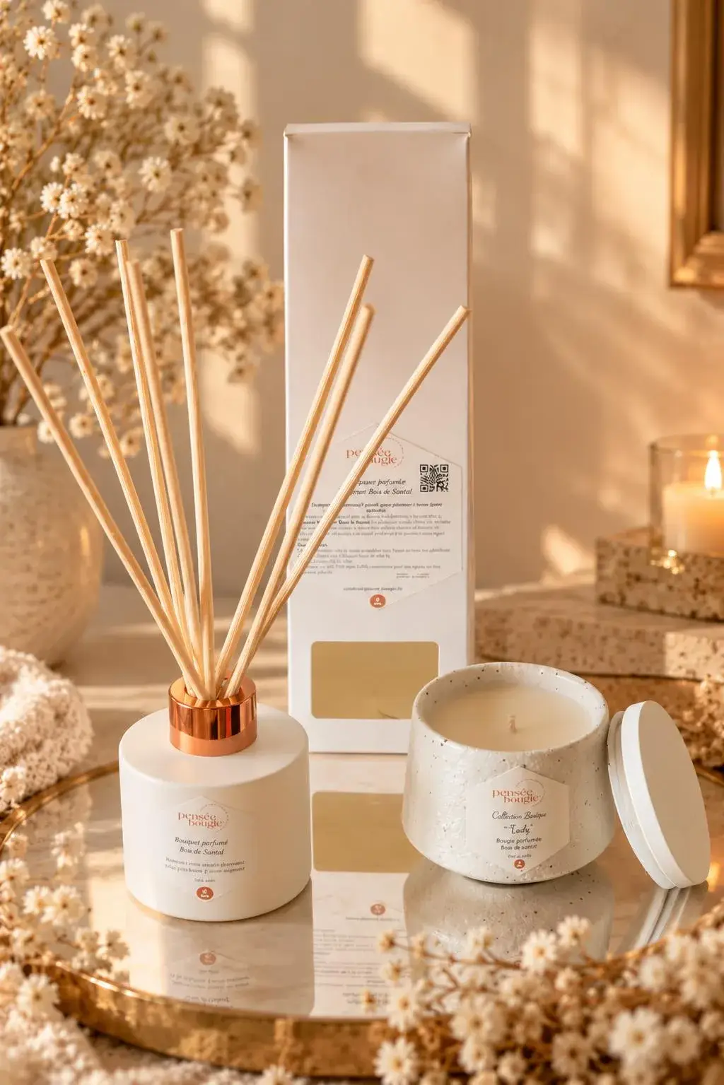 Coffrets cadeaux d'entreprise Diffuseur à bâtonnets et bougie parfumée dans décor chaleureux