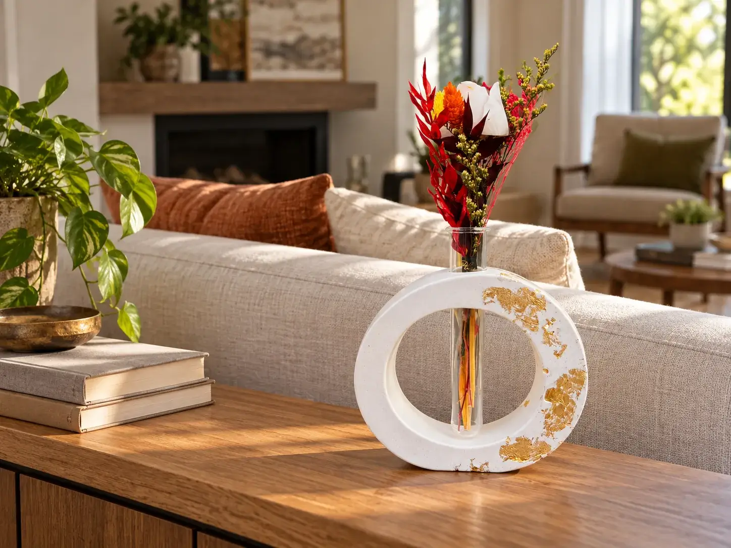 Vase blanc doré avec bouquet rouge sur table en bois