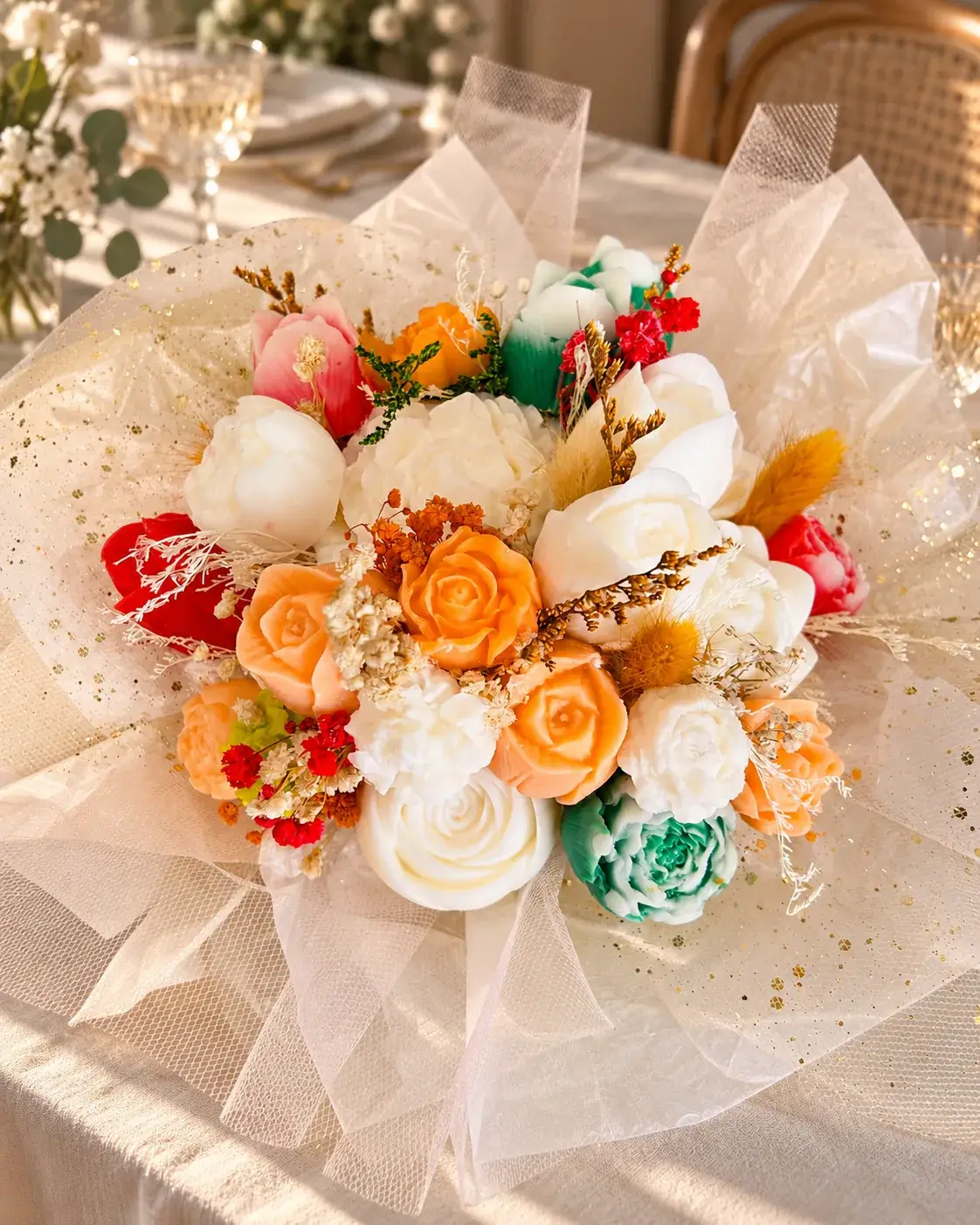Bouquet coloré de fleurs décoratives sur table élégante
