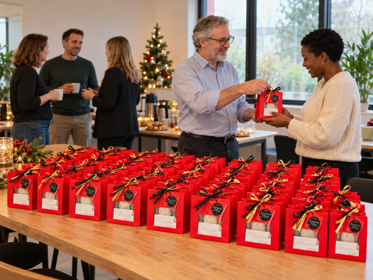 Collègues échangeant des cadeaux de Noël au bureau