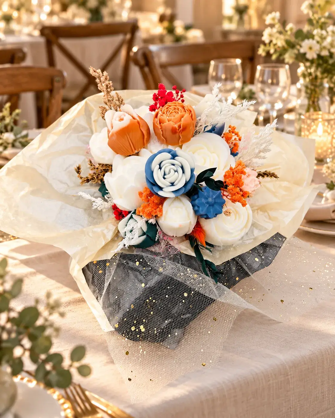 Bouquet coloré sur table décorée pour réception élégante