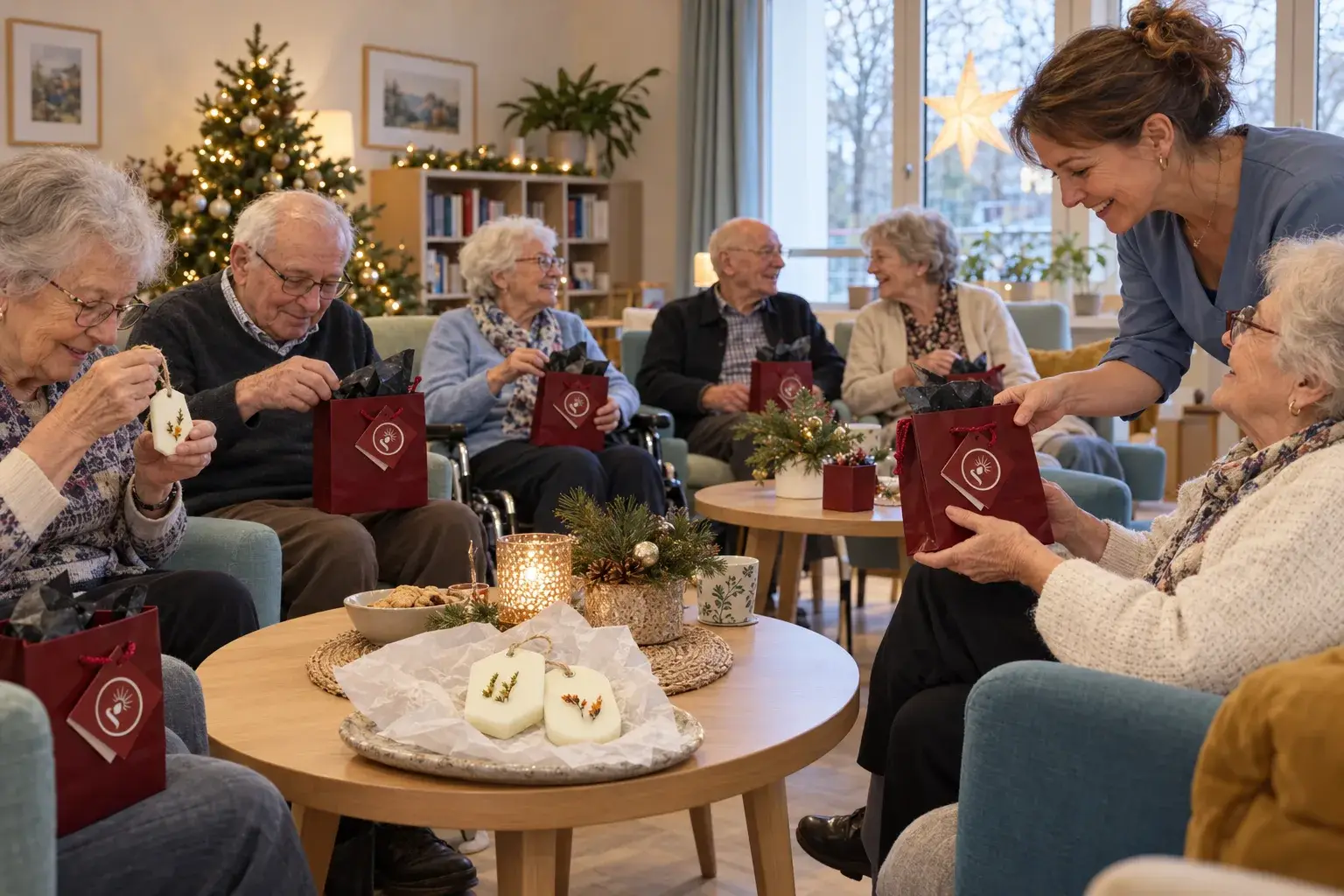 Résidents seniors échangeant des cadeaux de Noël avec une soignante