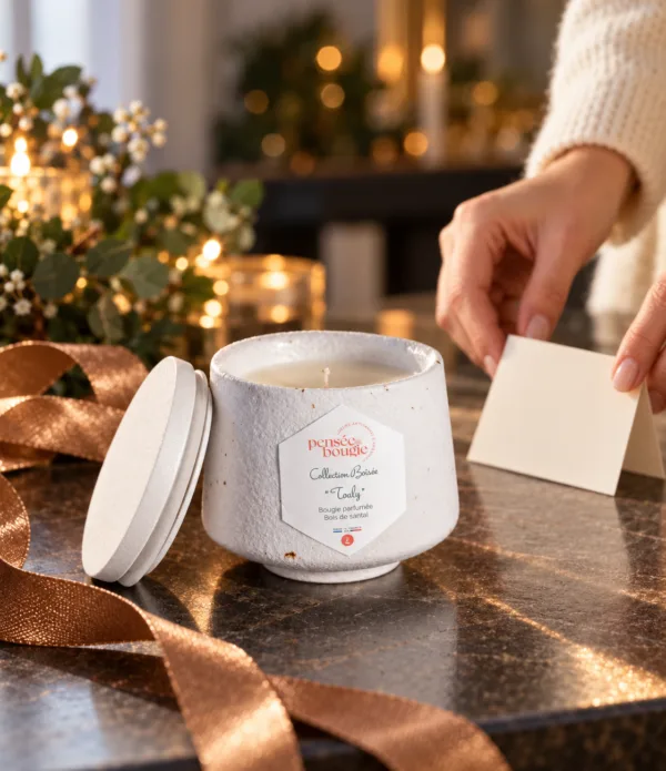 Bougie parfumée dans un décor festif illuminé