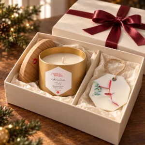 Coffret cadeau avec bougie parfumée et fondant décoratif
