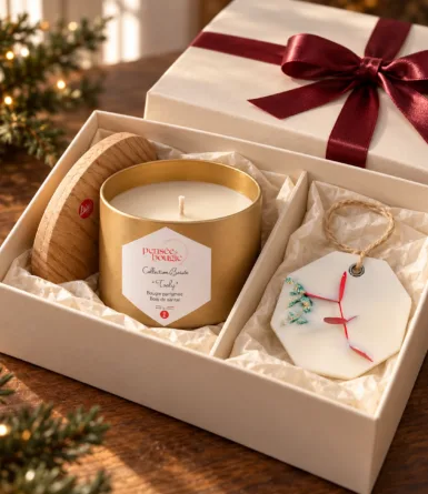 Coffret cadeau avec bougie parfumée et fondant décoratif