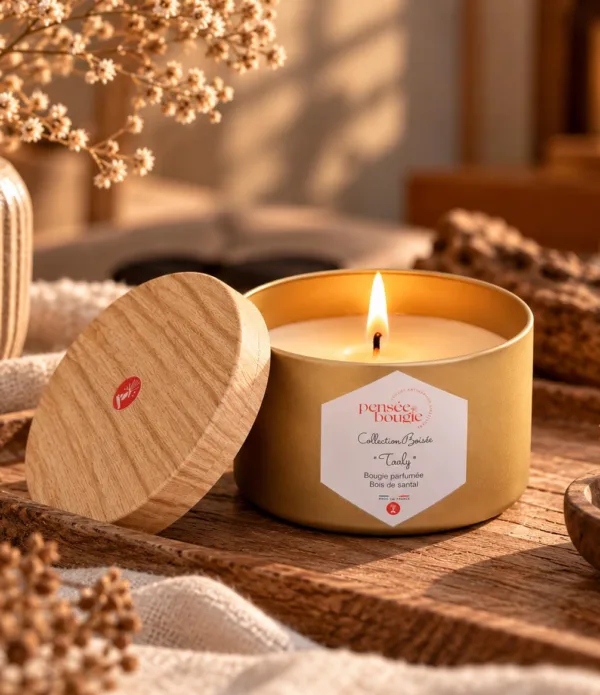 Bougie parfumée allumée dans un décor chaleureux en bois