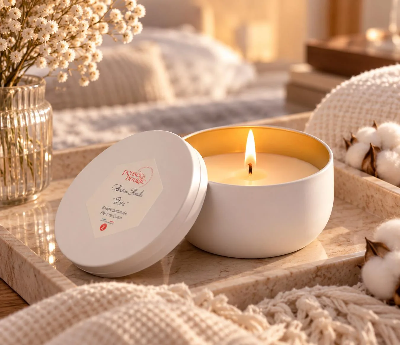Bougie fleur de coton allumée dans une chambre chaleureuse