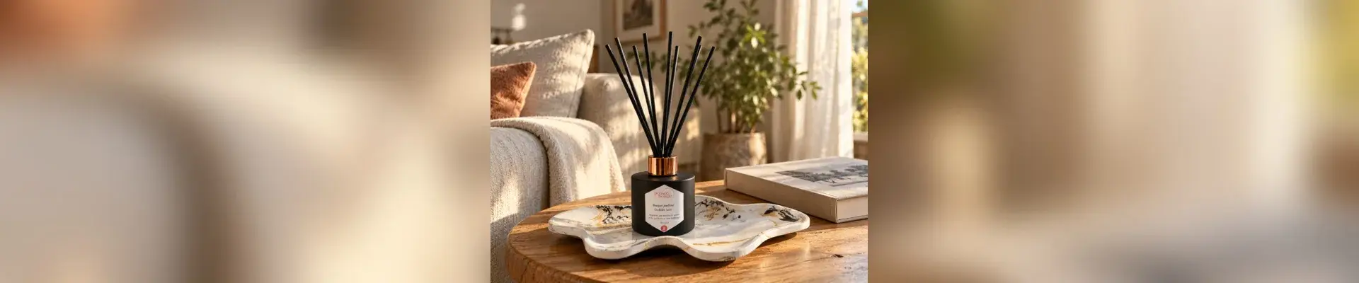 Diffuseur à bâtonnets sur table basse en bois