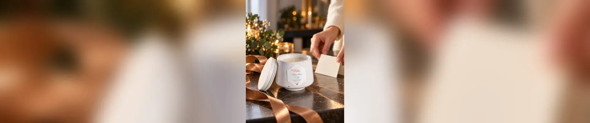 Personne ajoutant une carte près d’une bougie cadeau