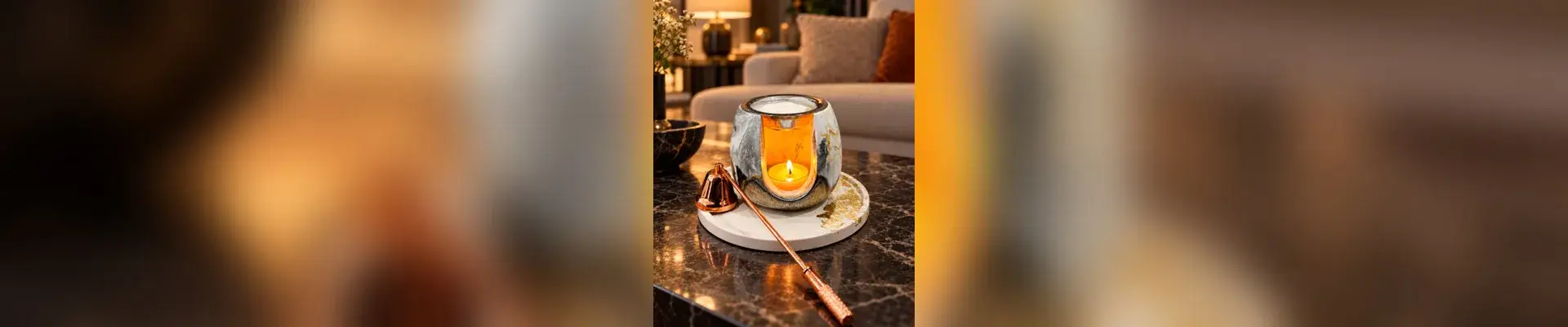 Bougie allumée sur table basse dans un salon chaleureux