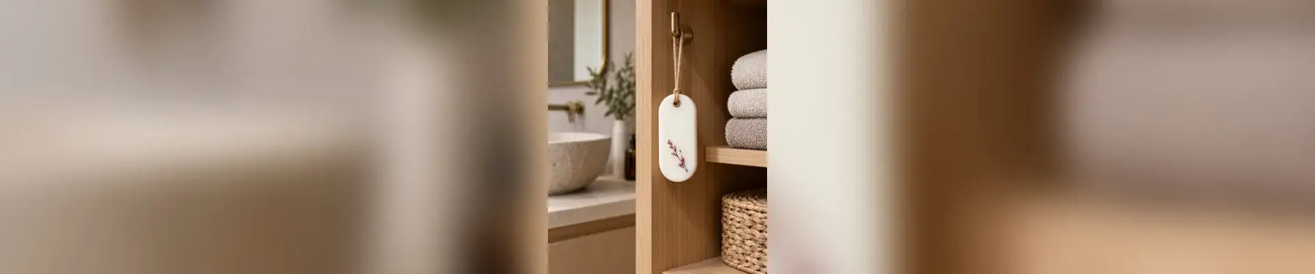 Étagère en bois avec serviettes dans une salle de bains