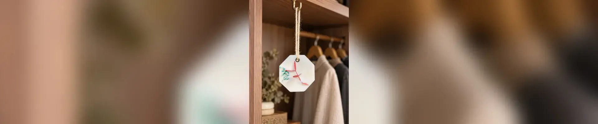 Étiquette artisanale suspendue dans une penderie en bois