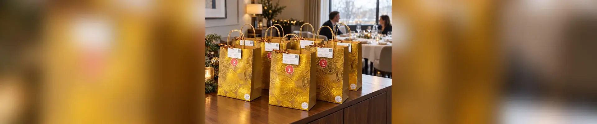 Sacs cadeaux dorés sur buffet de fête